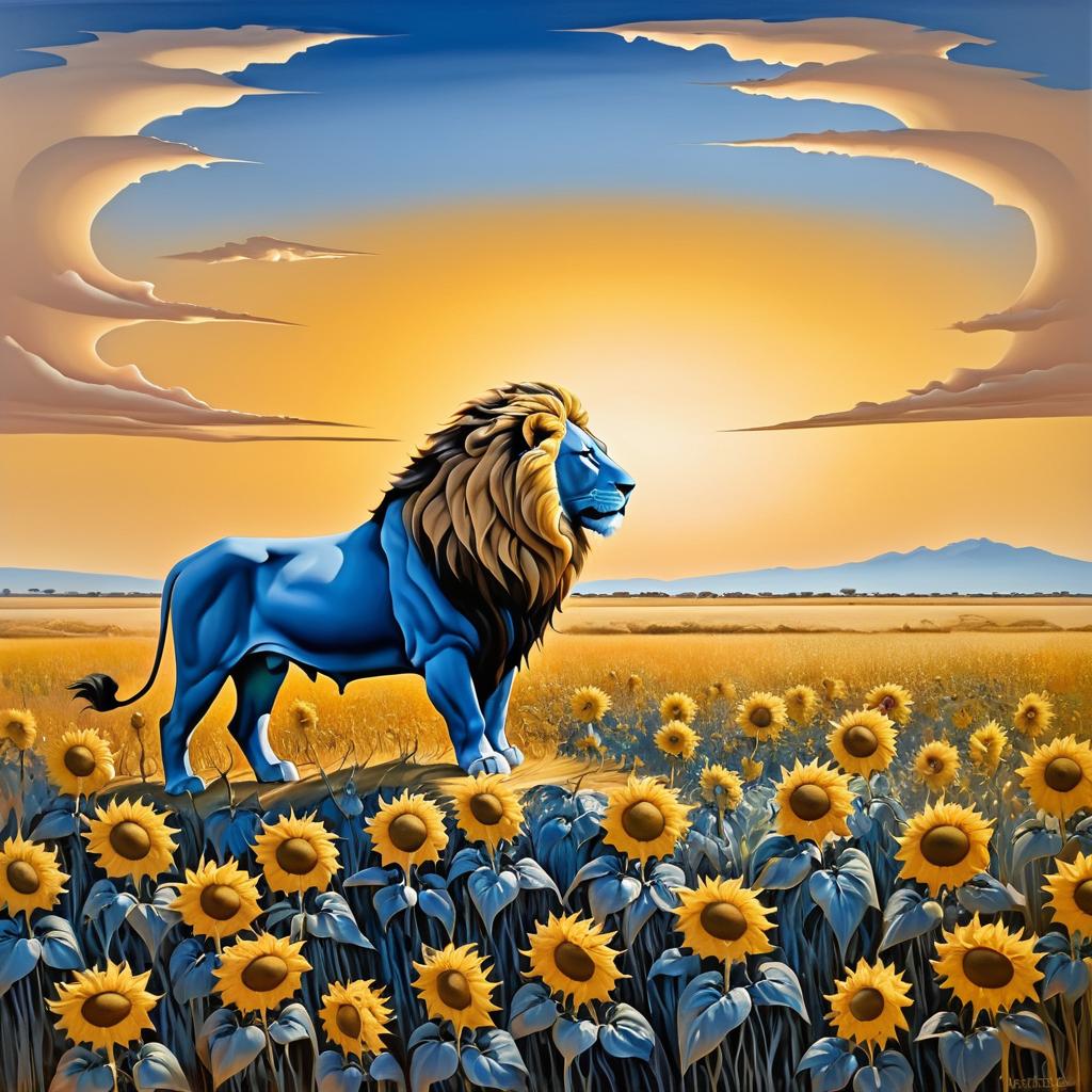 Dramatic Lion in Sunflower Savanna Landscape