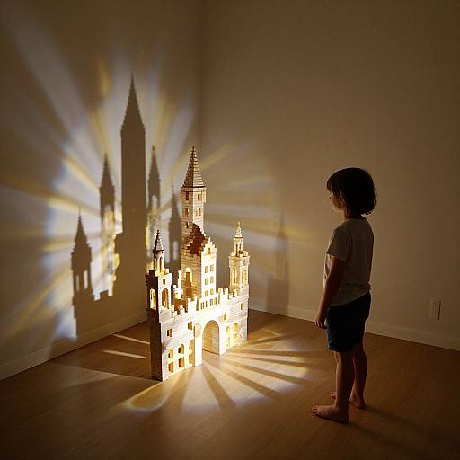 Photograph of a young boy, barefoot, standing in a dimly lit room, gazing at a glowing, illuminated castle model casting dramatic light