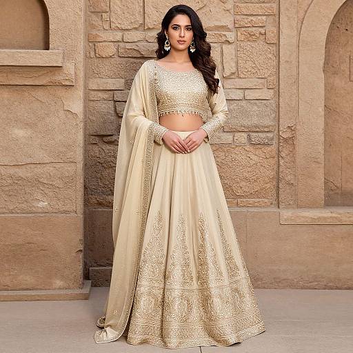 Photograph of a beautiful South Asian woman with long black hair, wearing an ornate gold embroidered cream lehenga and matching dupatta, standing against a