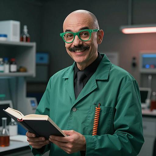 Smiling Scientist in Green Lab Coat Holding Book