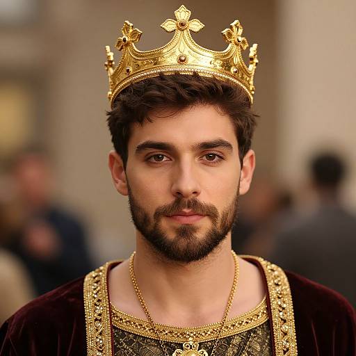 Photograph of a handsome bearded man with dark hair, wearing a golden crown and ornate black and gold robe, looking directly at the camera.
