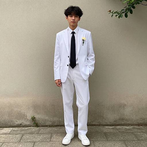 Photograph of a young Asian man in a white suit, black tie, white shoes, and yellow boutonniere, standing against a plain beige