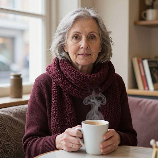Photograph of an elderly woman with gray hair, wearing a maroon knitted scarf and sweater, holding a steaming white cup in a cozy,