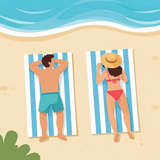 Digital illustration of a beach scene showing a shirtless man in blue swim trunks and a woman in a red bikini and straw hat sunbathing on
