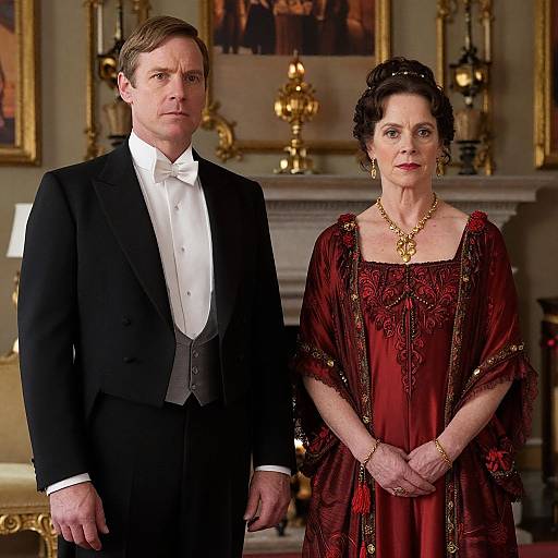 Photograph of a middle-aged white man in a black suit and white shirt, standing beside a middle-aged white woman in a red, embroidered dress and
