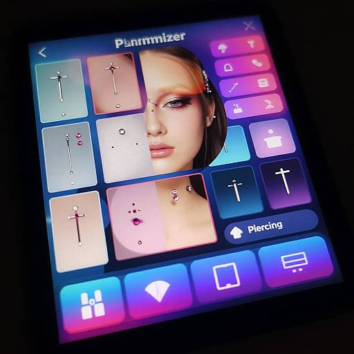 Photograph of a digital touchscreen interface showing a close-up of a woman's face, with colorful buttons and menu options.