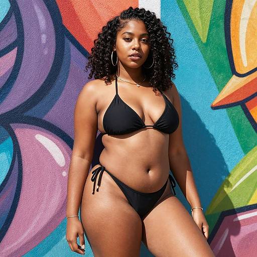 Photograph of a confident, curvy Black woman with curly hair, wearing a black bikini, standing against a vibrant, colorful graffiti wall.