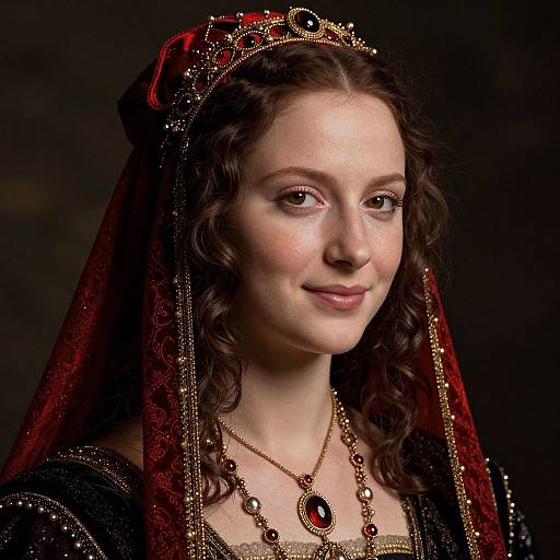Photograph of a fair-skinned woman with curly brown hair, wearing a red velvet veil, gold tiara, and elaborate jewelry, against a dark