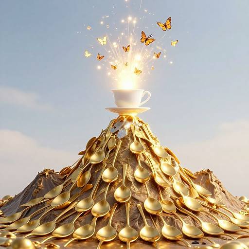 Photograph of a golden teacup atop a conical pile of spoons, with butterflies emerging from a bright light above, against a clear blue