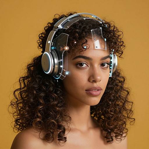 Photograph of a young woman with curly dark hair, wearing futuristic, metallic headphones, against a solid yellow background, looking forward.