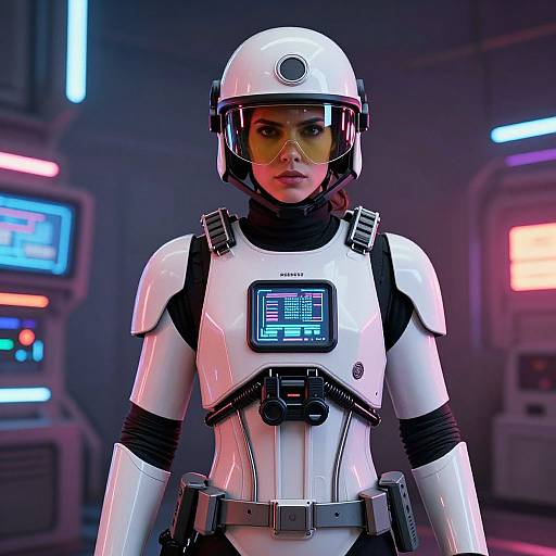 CGI image of a serious female astronaut in white futuristic armor with a helmet and visor, standing in a neon-lit sci-fi room.