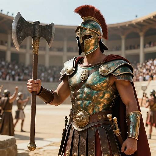CGI image of muscular ancient Greek warrior in shiny bronze armor, red plume helmet, holding large axe, standing in sunlit arena with blurred crowd