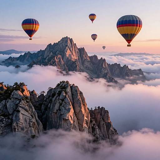 Majestic Mountain Range with Hot Air Balloons