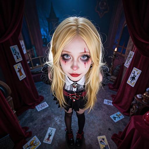 Photograph-style digital art: Pale, wide-eyed blonde girl with heavy makeup and black school uniform stands in dim, mysterious room with tarot cards and