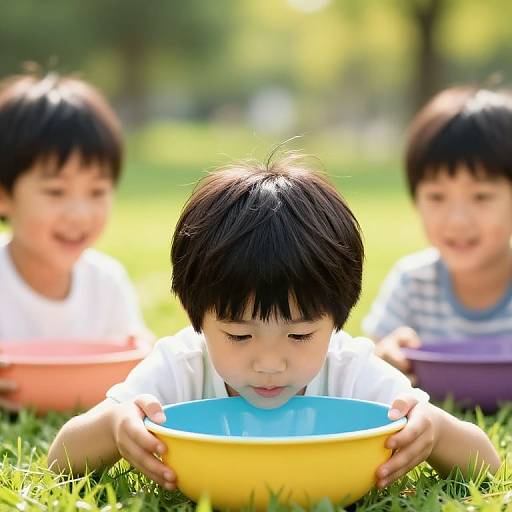 Photograph of three Asian boys with black hair, lying on grass, focused on colorful plastic bowls; sunny park background.