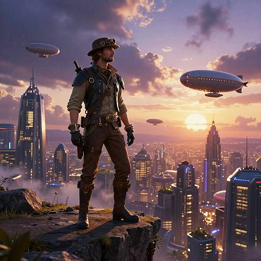 Steampunk Explorer Overlooking Futuristic City