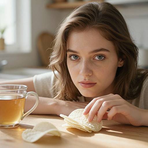Young Woman Handling White Chips in Cozy Kitchen
