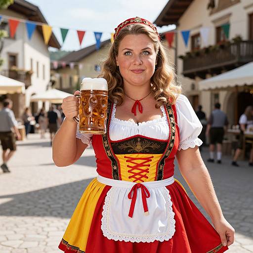 Photograph: Caucasian woman with curly brown hair, blue eyes, wearing a traditional German dirndl dress, holding a frothy beer mug, standing on