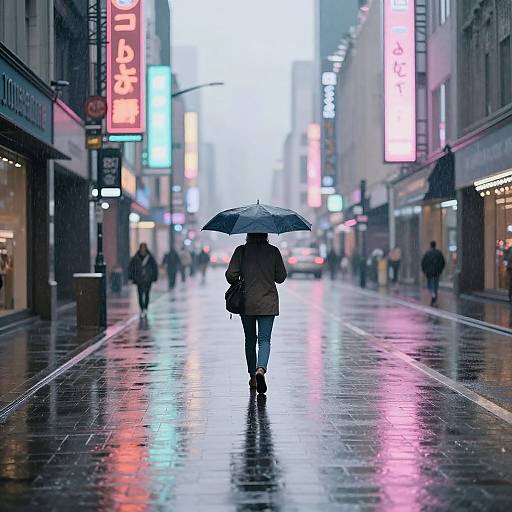 Photograph of a lone person in a dark coat and blue jeans, holding a black umbrella, walking down a wet, neon-lit city street at