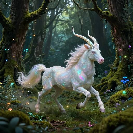 Digital artwork of a white, horned unicorn with iridescent mane and tail, galloping through a mystical, enchanted forest illuminated by colorful fairy