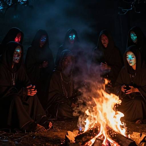 Photograph of six people in dark hooded robes with glowing face paint, sitting around a bright campfire in a dark forest at night.