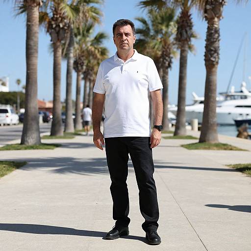 Photograph of a middle-aged man in a white polo shirt, black pants, and black shoes, standing on a sunny palm tree-lined waterfront path with