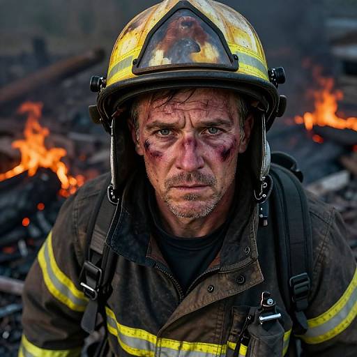 Photograph of a grimy, exhausted male firefighter with a yellow helmet, blackened face, and blood smudges, standing amid burning debris.