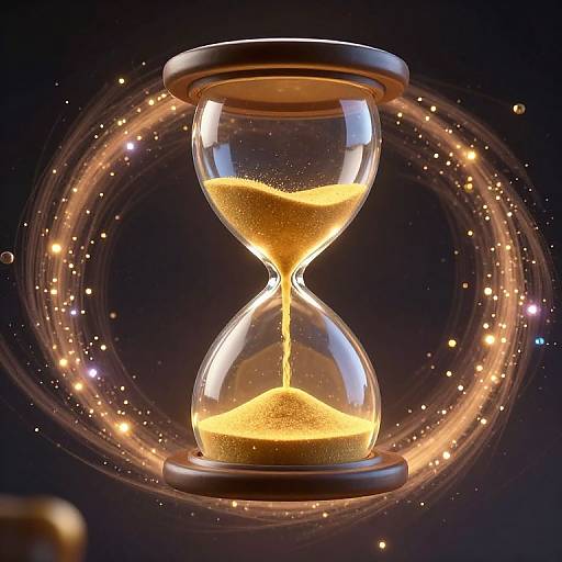 Photorealistic CGI of a glowing hourglass surrounded by a circular halo of golden sparkles against a dark background.