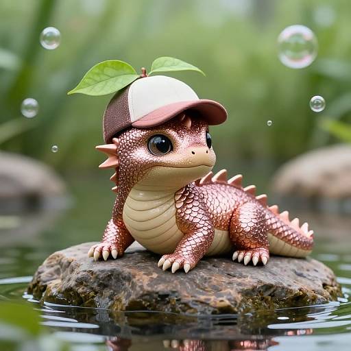 Cute, digital CGI dragon with pink and brown scales, large black eyes, and a white and brown baseball cap, sitting on a mossy rock