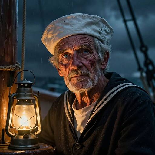 Photograph of an elderly, weathered sailor with white headscarf and dark sailor shirt, illuminated by a glowing lantern, under a stormy blue