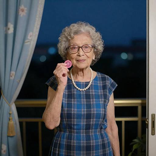 Elderly woman holding pink condom on balcony