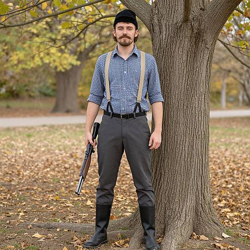 Photograph of bearded man with black beret, blue checkered shirt, black pants, suspenders, holding rifle, standing by tree in autumn