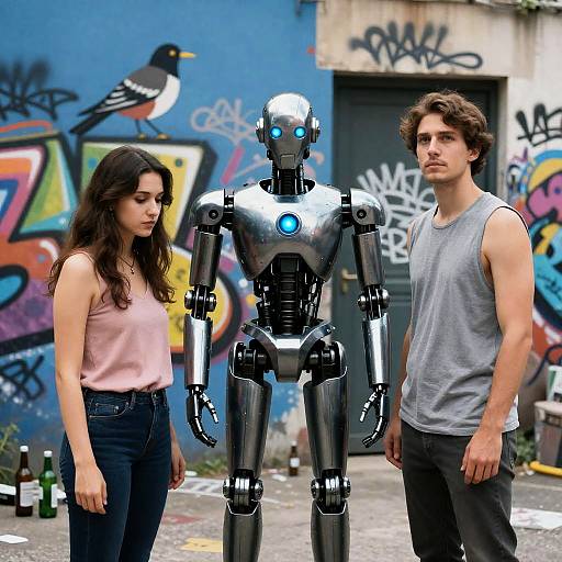 Urban Alley Encounter with Robot and Friends