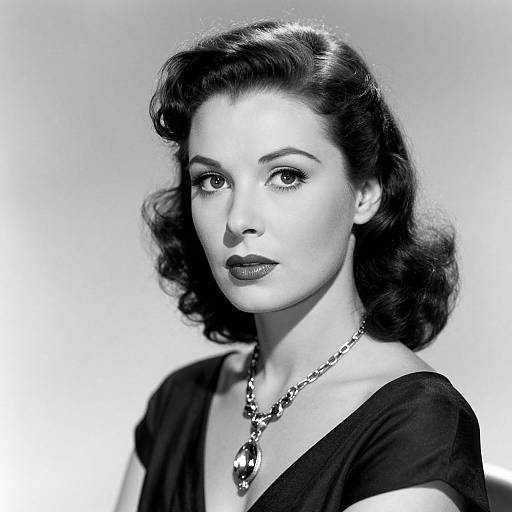 Black-and-white photograph of a vintage-style woman with wavy, dark hair, wearing a black dress and a beaded necklace, looking directly at the