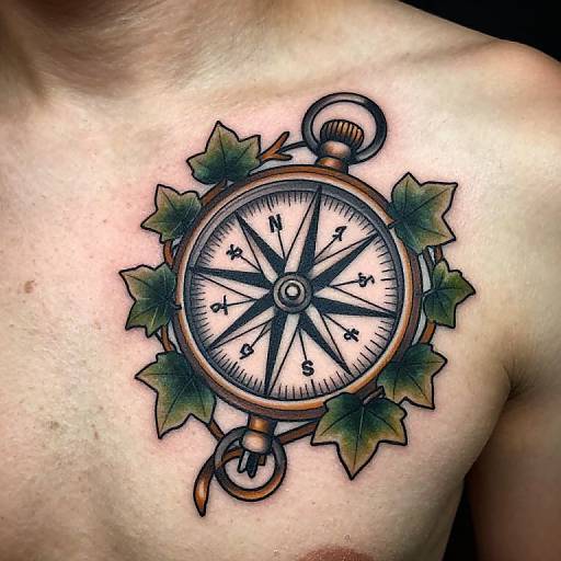 Tattoo of a black-and-white compass surrounded by green leaves on a bare, light-skinned chest. Photorealistic style, vivid colors.