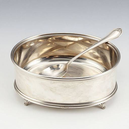 Photograph of a shiny, silver, round bowl with a matching silver spoon inside, standing on four small legs, against a gradient blue-white background.