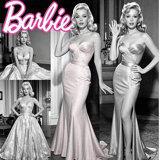 Black-and-white collage of vintage Barbie in glamorous, strapless evening gowns; 