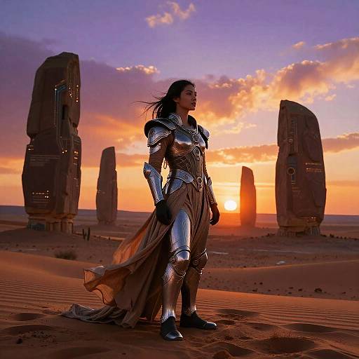 Photograph of a silhouetted woman in silver armor standing in a desert at sunset, with three towering, illuminated structures in the background.