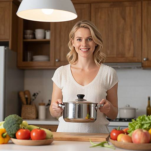 Photograph of a smiling blonde woman in a white V-neck shirt, holding a silver saucepan in a wooden kitchen, with colorful vegetables on the counter