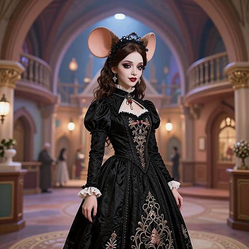 Digital artwork of a fair-skinned woman with mouse ears in a black, ornate Victorian dress, standing in a grand, lit cathedral.