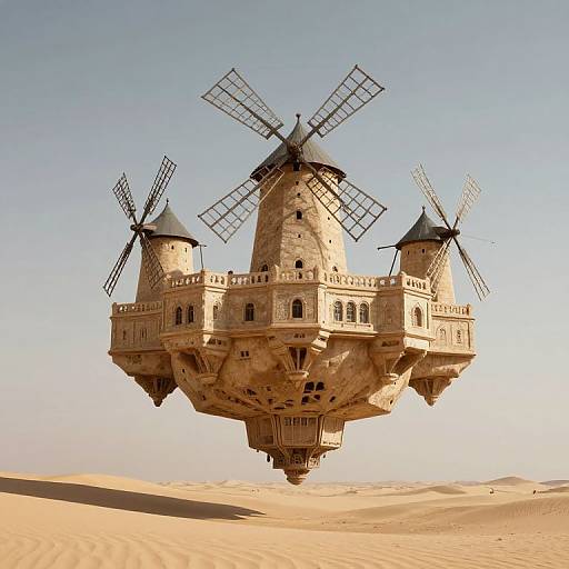 Fantasy photograph of a floating medieval windmill castle with three towers, set in a vast, sunlit desert with fine sand dunes.