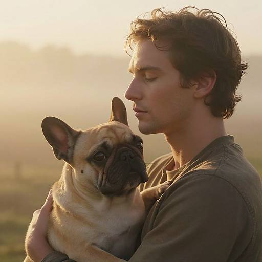 Photograph of a young man with wavy brown hair, wearing a brown shirt, gently holding a pug with a tan coat and dark mask,