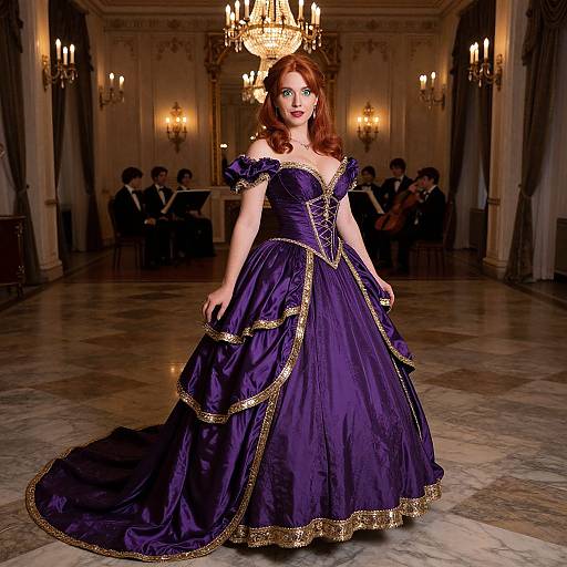 Photograph of a red-haired woman in a lavish purple and gold ball gown, standing in an opulent, chandelier-lit ballroom.