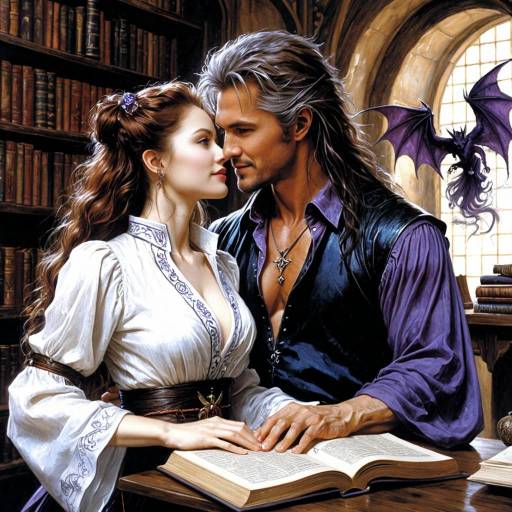 Fantasy Sorceress and Devil Man in Magical Library