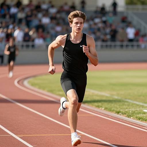 Photograph of a muscular, young white male runner in a black tank top and shorts, sprinting on a red track, with blurred spectators in the