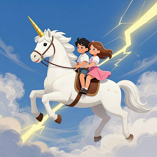 Digital illustration of two children, one boy and one girl, riding a white unicorn through a bright blue sky with lightning bolts and clouds.