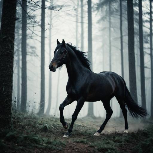 Majestic Black Stallion in Misty Forest Majestic Black Stallion in Misty Forest