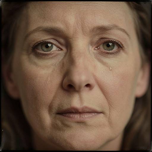 Close-up photograph of a Caucasian woman with green eyes, light brown hair, and a solemn expression, with a single tear on her right cheek. Dark