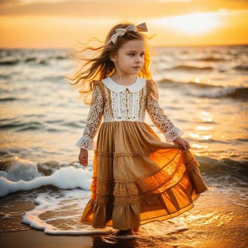 Toddler Girl in Vintage Dress at Sunset Beach