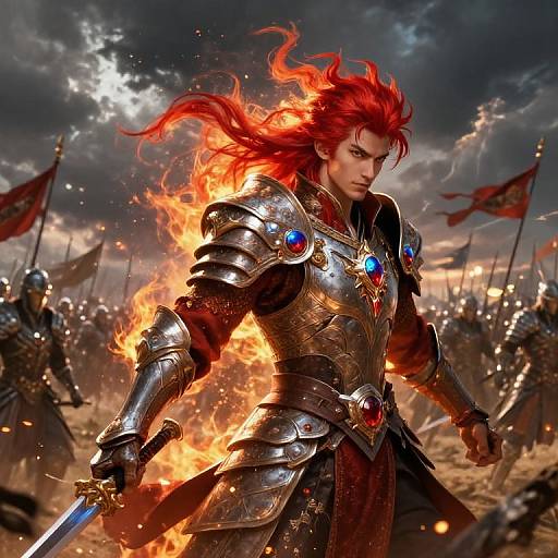 Digital artwork of a red-haired warrior in fiery, ornate armor with blue gems, wielding a sword amidst a battle scene under a stormy sky.